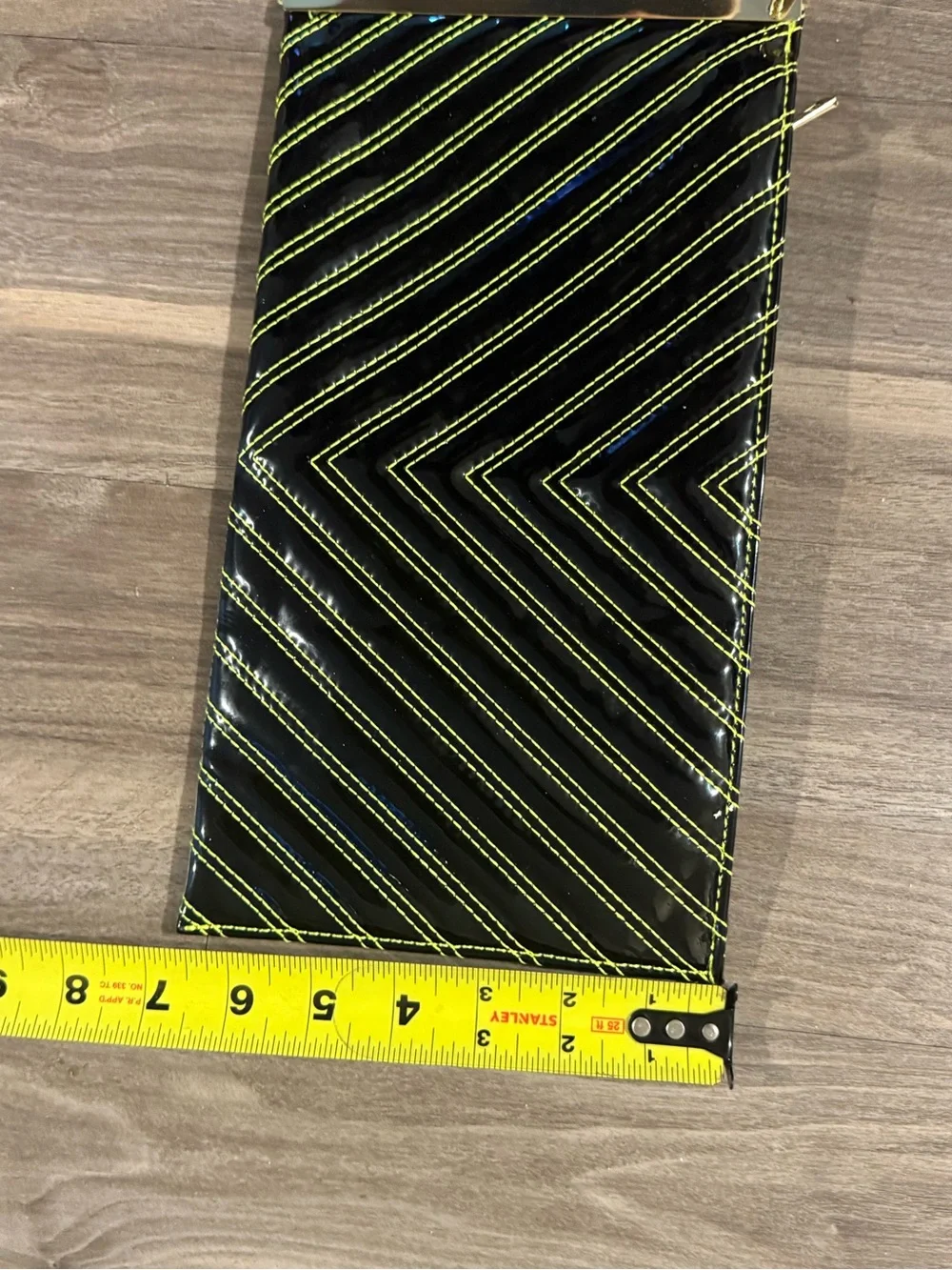 Black Patent Faux Leather Wristlet Clutch Neon Chevron Stitching Gold Hardware